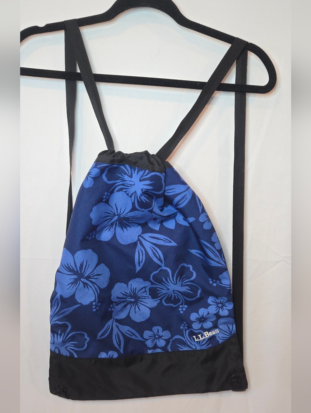 L.L. Bean Blue Hibiscus Floral Drawstring Backpack Knapsack
